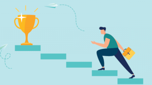 Person climbing stairs toward a golden trophy, symbolising success through essential career steps to excel.