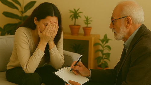 A therapist and client talking openly and honestly during a mental wellness and support services session.